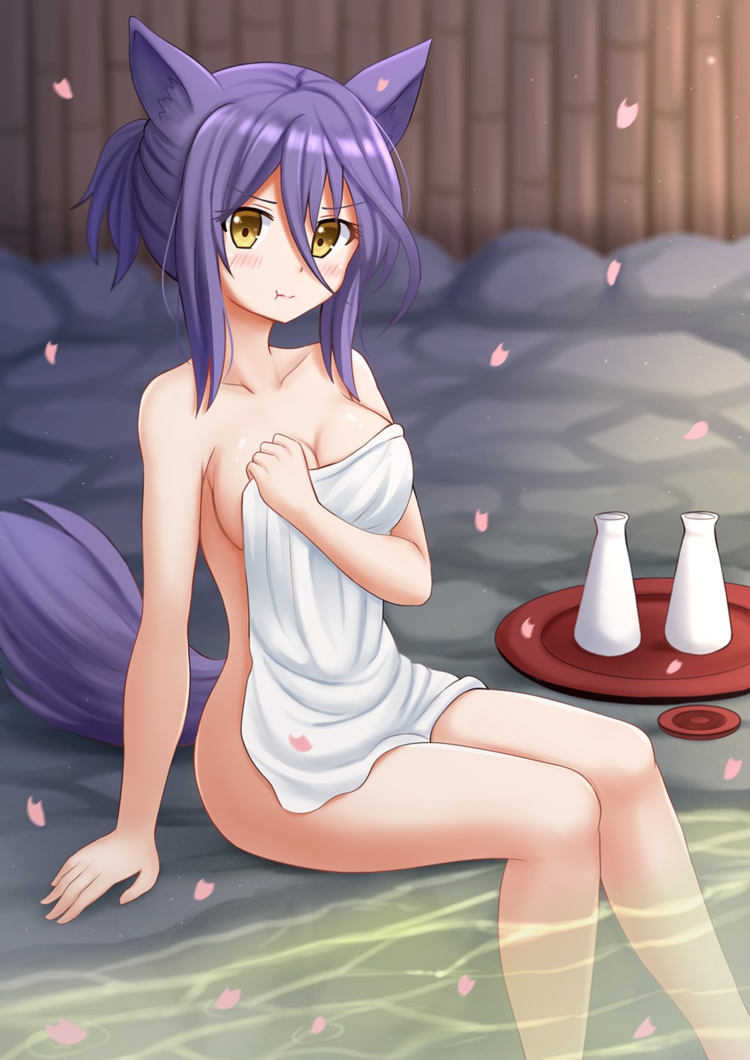 animal_ears breast_hold kazenokaze konohana_kitan naked onsen sake satsuki_(konohana_kitan) tail towel wet