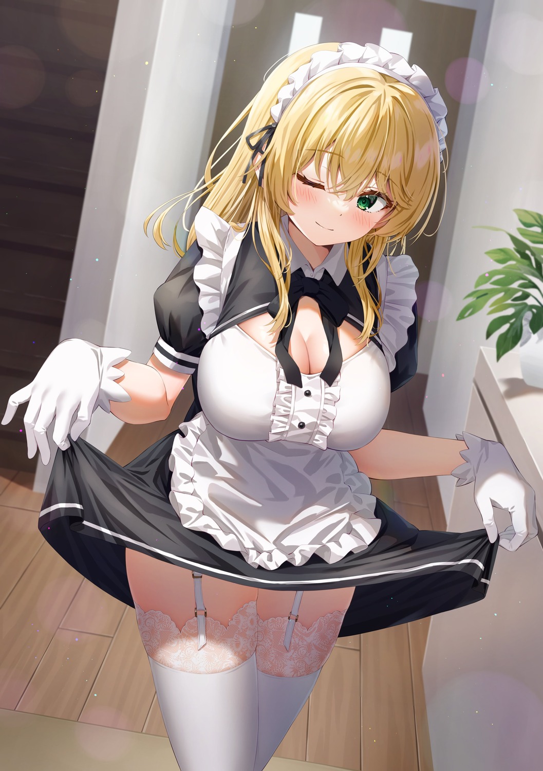 cleavage kuria_(clear_trip_second) maid omiai_shitakunakatta_node_murinandai_na_jouken_wo_tsuketara_doukyuusei_ga_kita_ken_ni_tsuite skirt_lift stockings thighhighs yukishiro_arisa