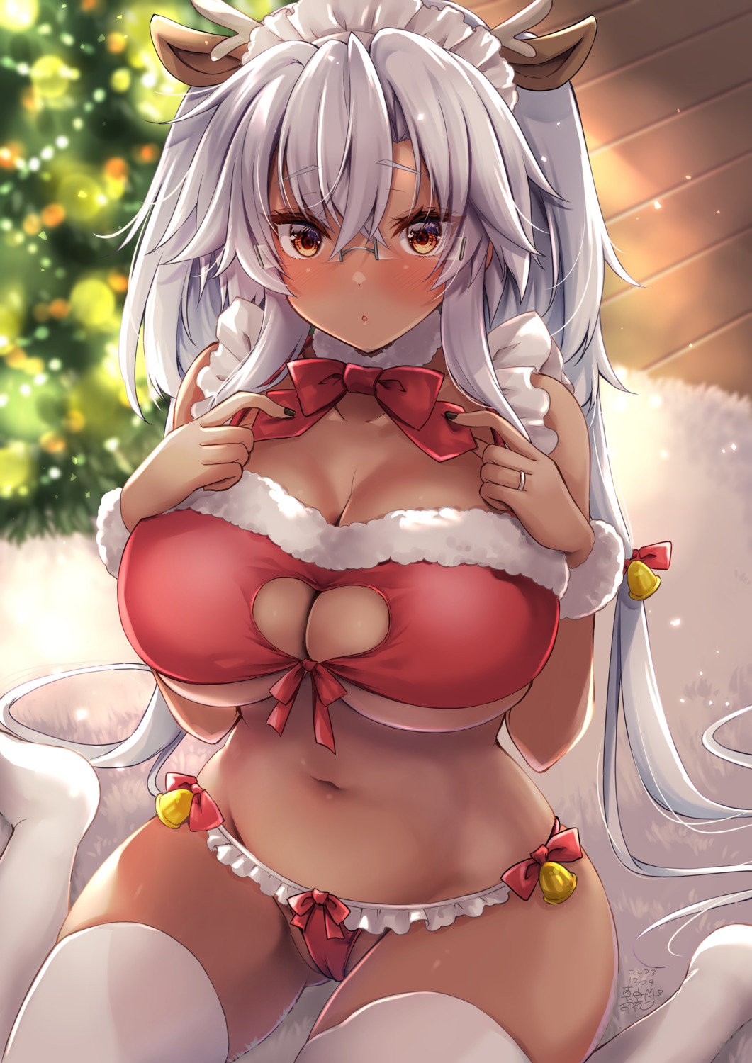 animal_ears bra cameltoe christmas horns kantai_collection mashiro_yukiya megane musashi_(kancolle) pantsu thighhighs thong