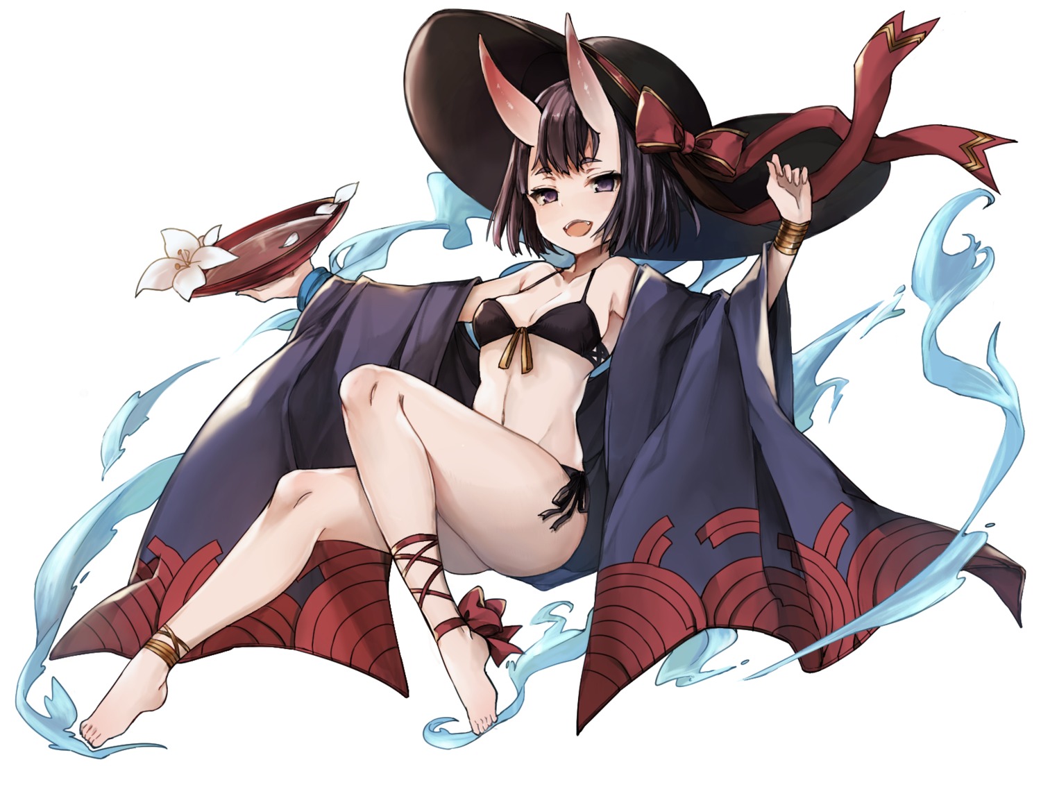 bikini cleavage fate/grand_order horns japanese_clothes open_shirt ryuuji_teitoku sake shuten_douji_(fate/grand_order) swimsuits