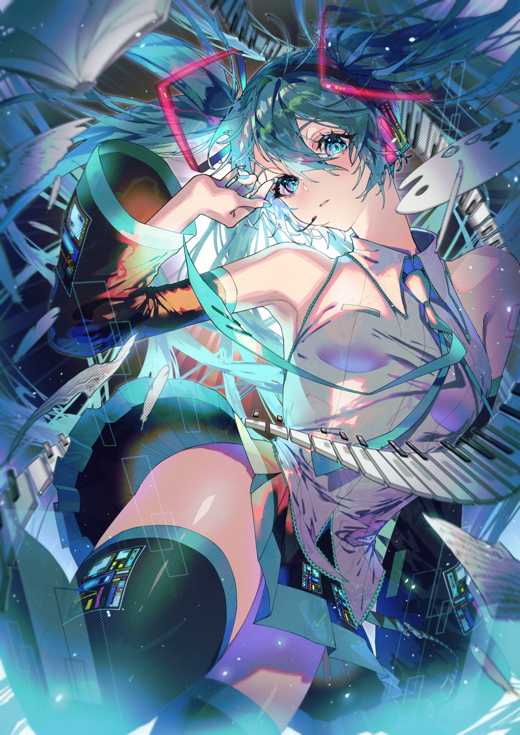 hatsune_miku headphones skirt_lift tagme tattoo thighhighs vocaloid