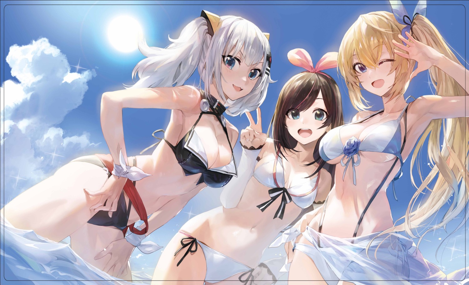 a.i._channel bikini cleavage crossover kaguya_luna kizuna_ai mirai_akari mirai_akari_project modare swimsuits the_moon_studio underboob wet