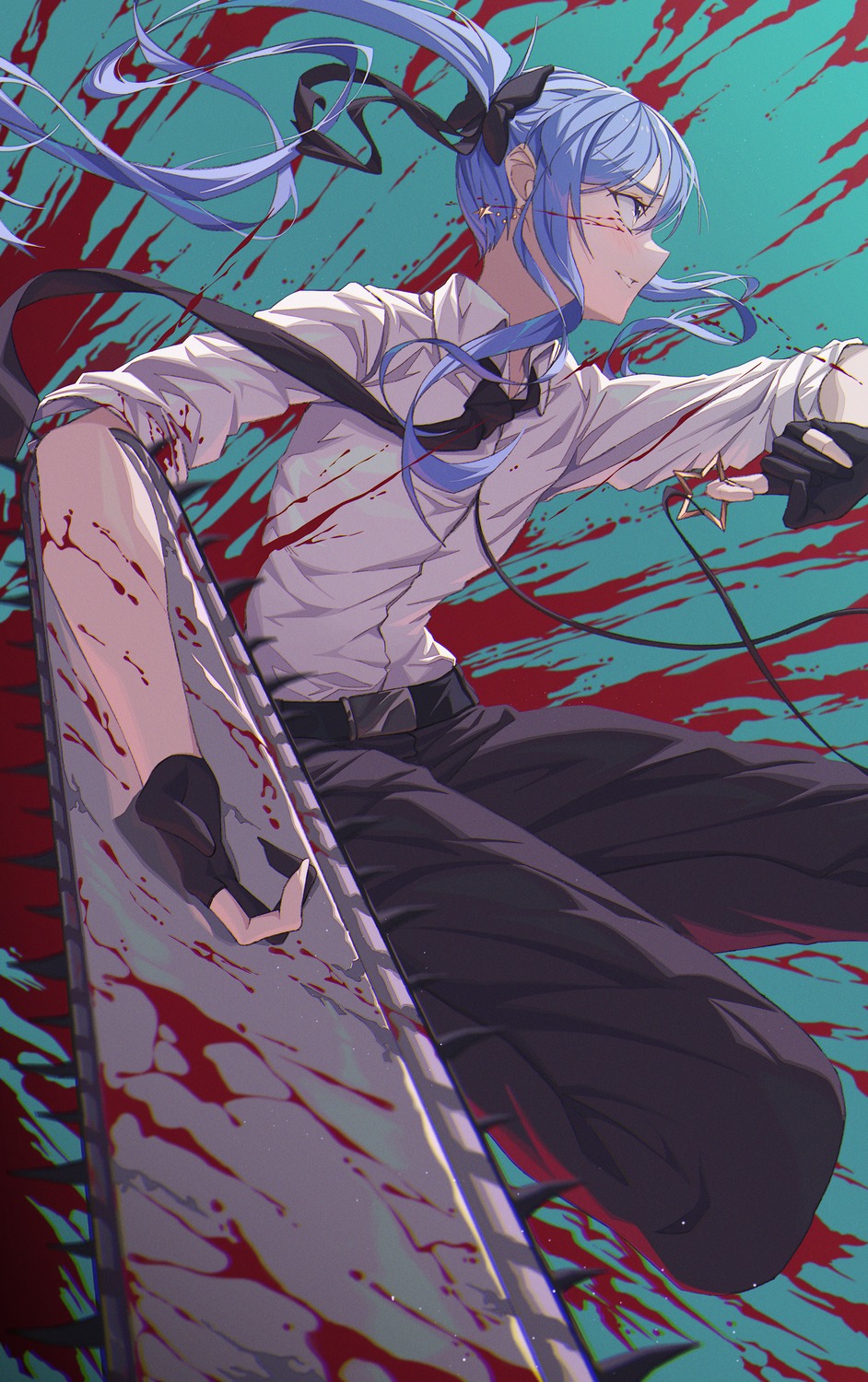 blood chainsaw_man cosplay denji_(chainsaw_man) dress_shirt hololive hoshimachi_suisei hyunwoo weapon