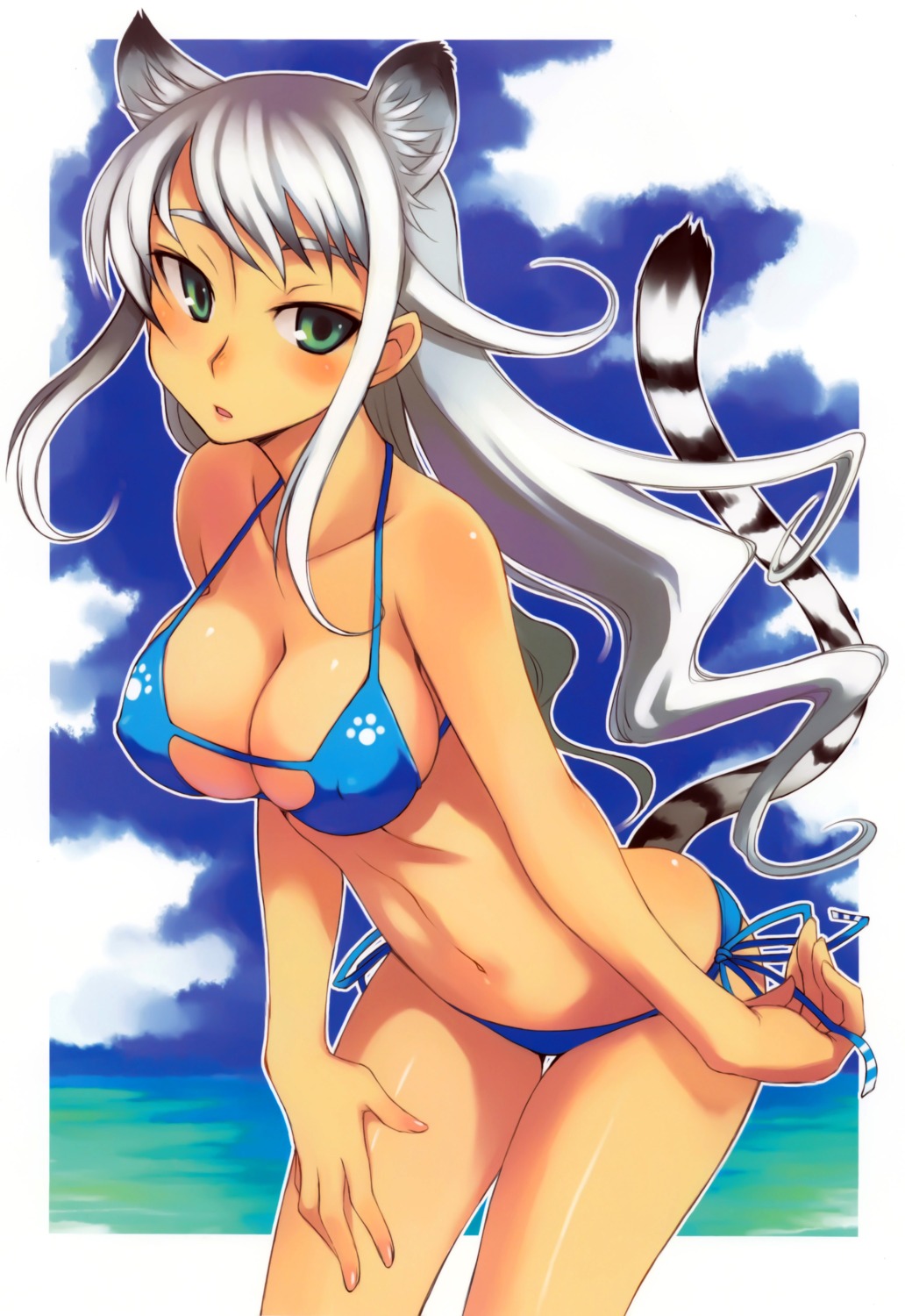 animal_ears bikini cleavage erect_nipples kusanagi_tonbo nekomimi swimsuits tail