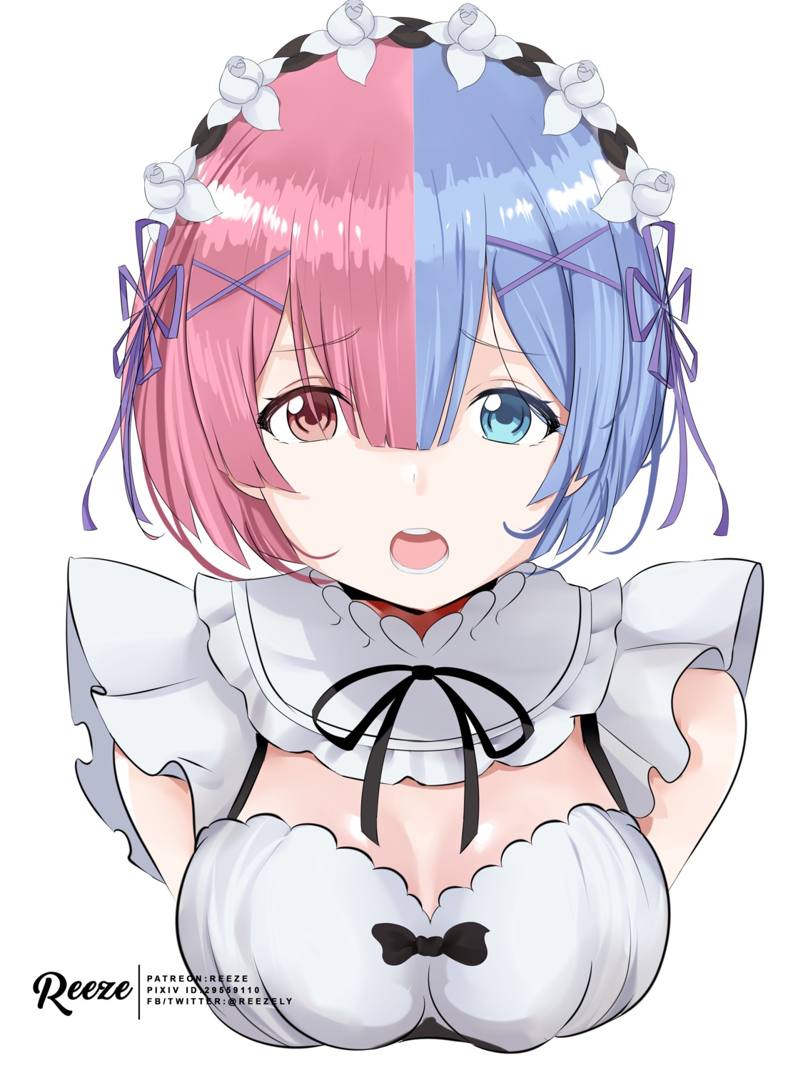 cleavage heterochromia maid ram_(re_zero) re_zero_kara_hajimeru_isekai_seikatsu reeze_(artist) rem_(re_zero) text