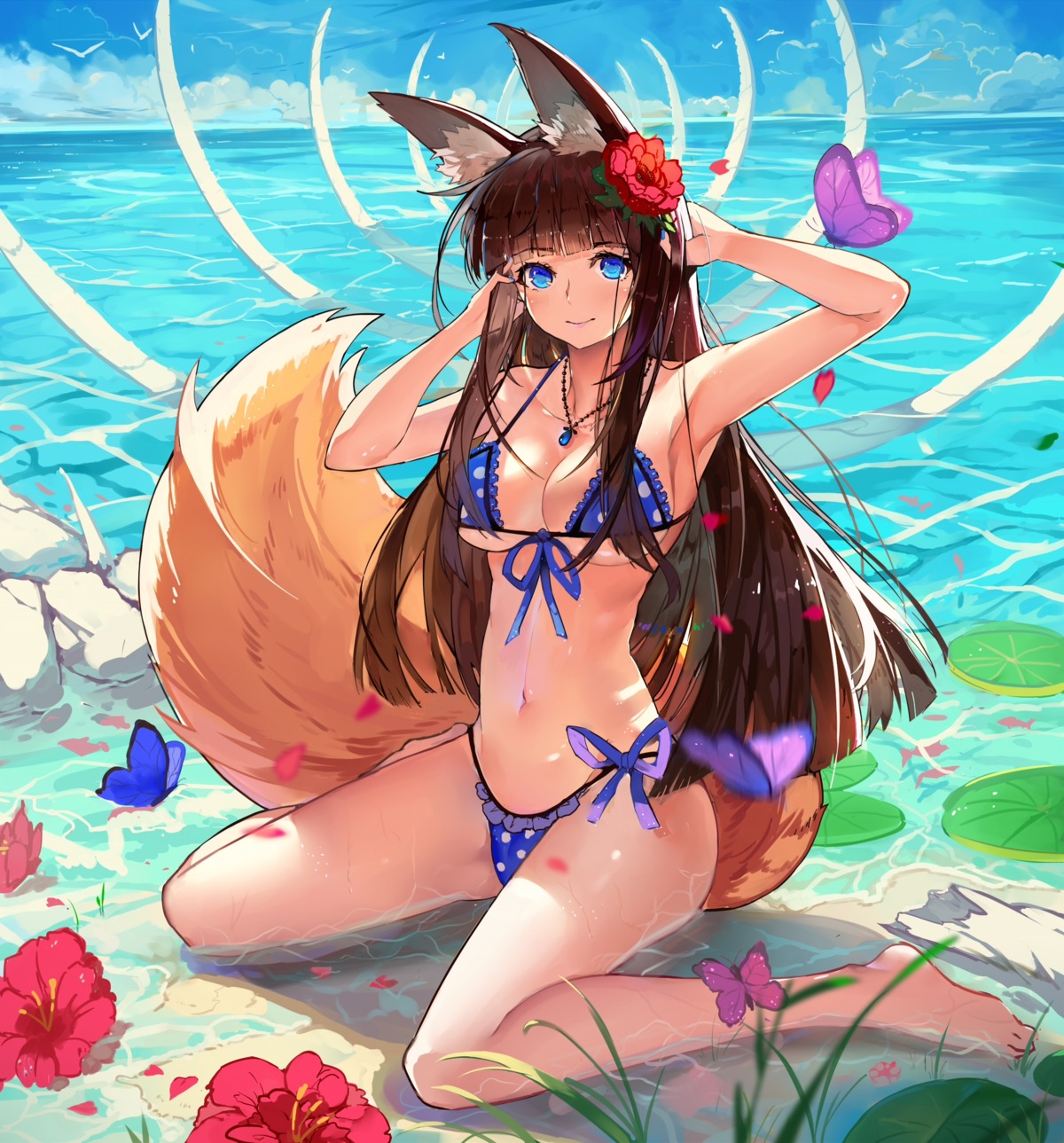 animal_ears baisi_shaonian bikini cameltoe cleavage kitsune swimsuits tail underboob wet