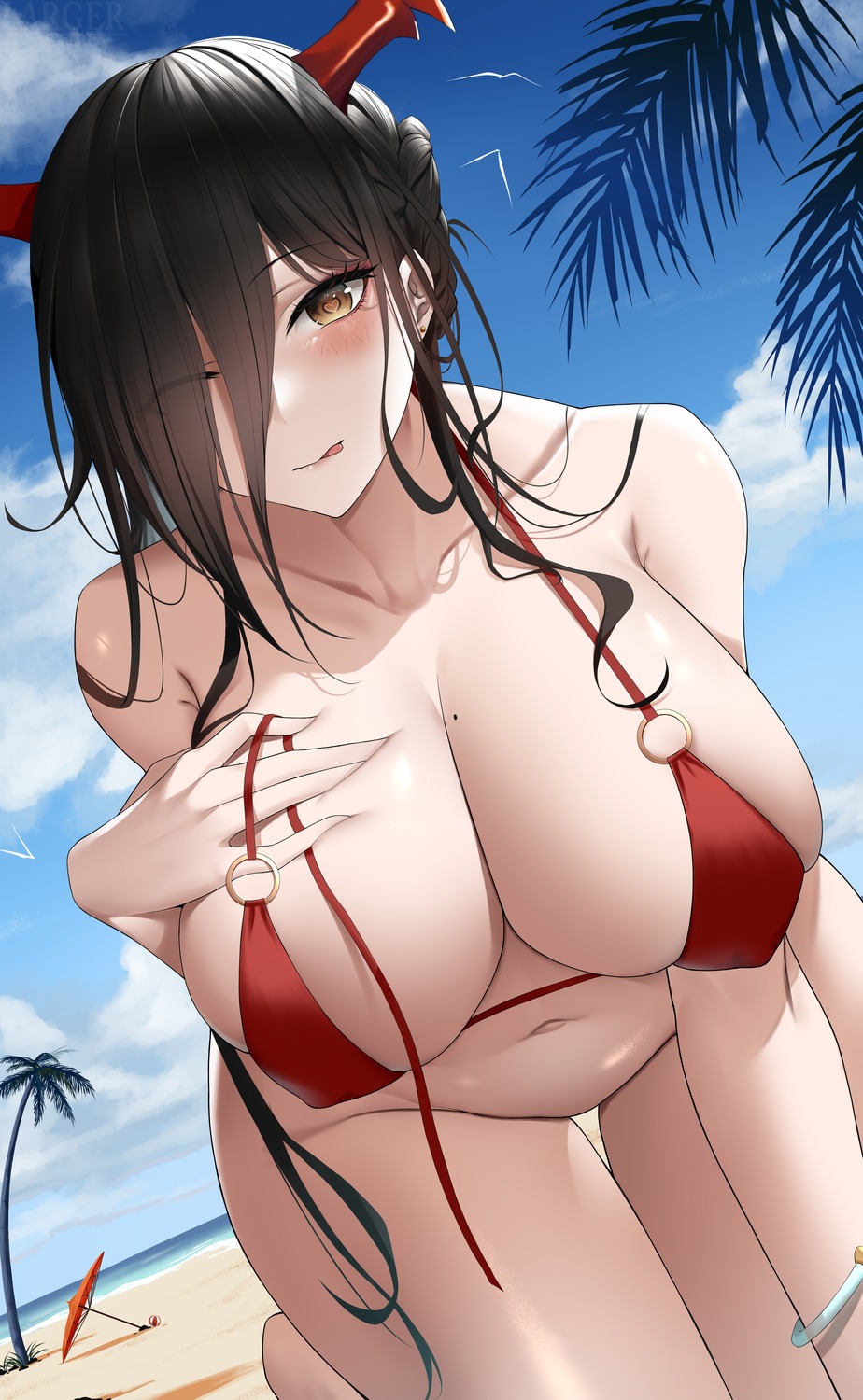 azur_lane bikini_top bottomless erect_nipples friedrich_der_grosse_(azur_lane) horns hun_shang swimsuits