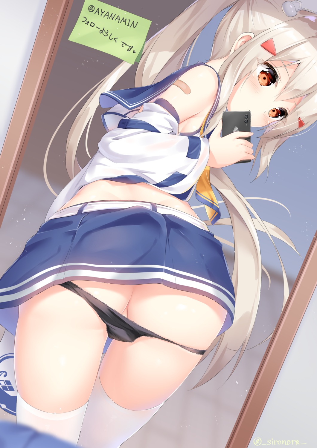 ass ayanami_(azur_lane) azur_lane bandaid pantsu panty_pull seifuku selfie shironora skirt_lift thighhighs