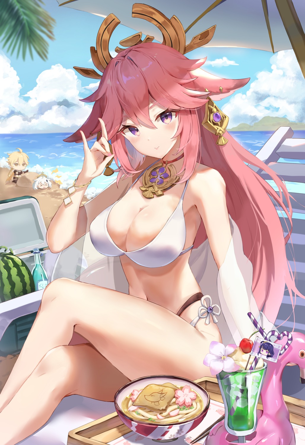 aether animal_ears bikini chibi genshin_impact kitsune paimon samesushi swimsuits yae_miko