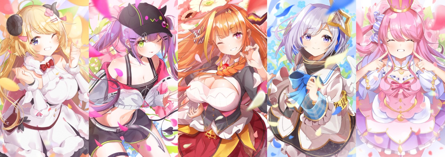 amane_kanata angel animal_ears cleavage furuki_ayaginutaira garter himemori_luna hololive horns kiryuu_coco pointy_ears seifuku skirt_lift tail tokoyami_towa tsunomaki_watame wings