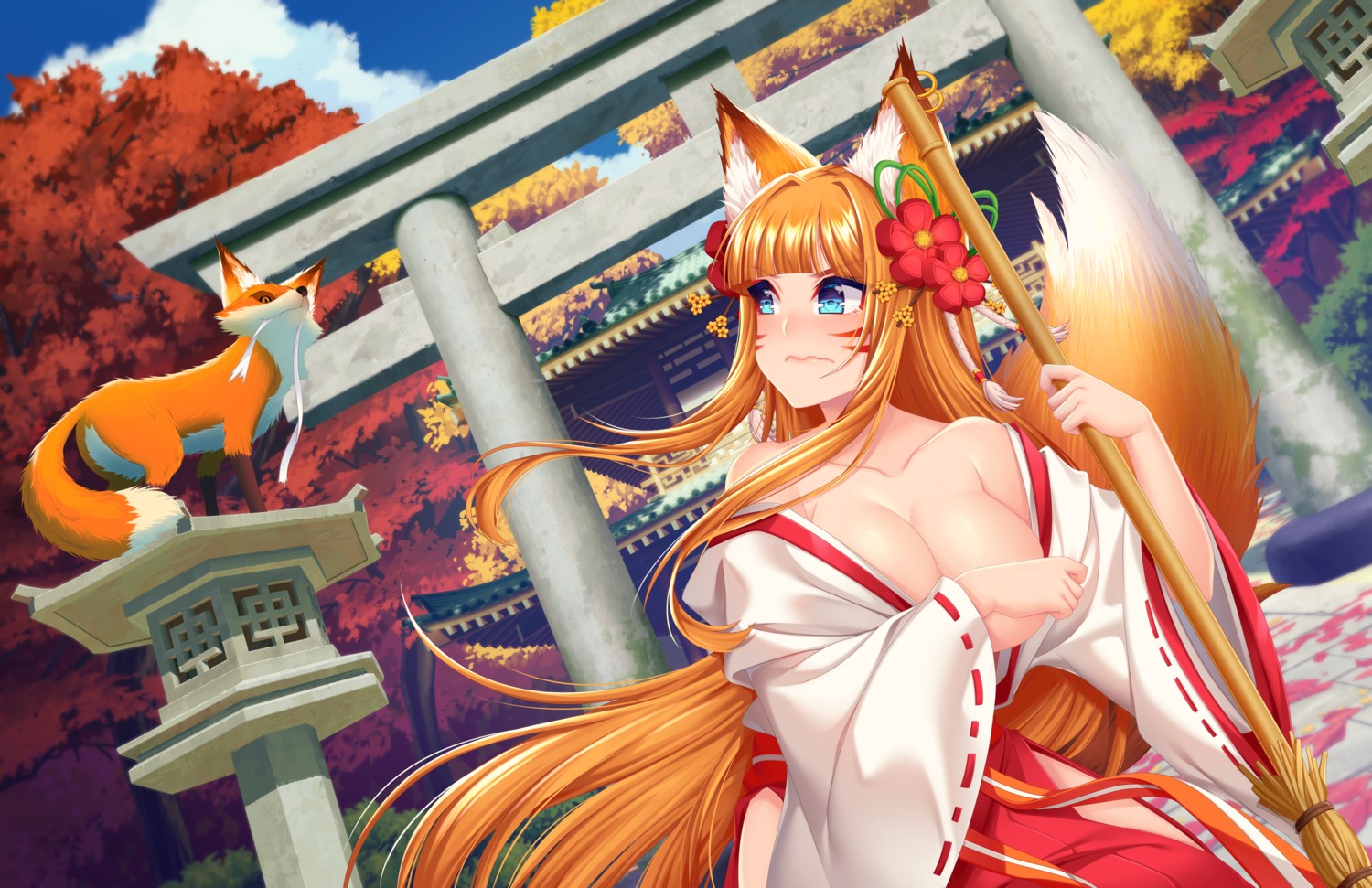 animal_ears breast_hold breasts kitsune miko murmoruno no_bra open_shirt tail