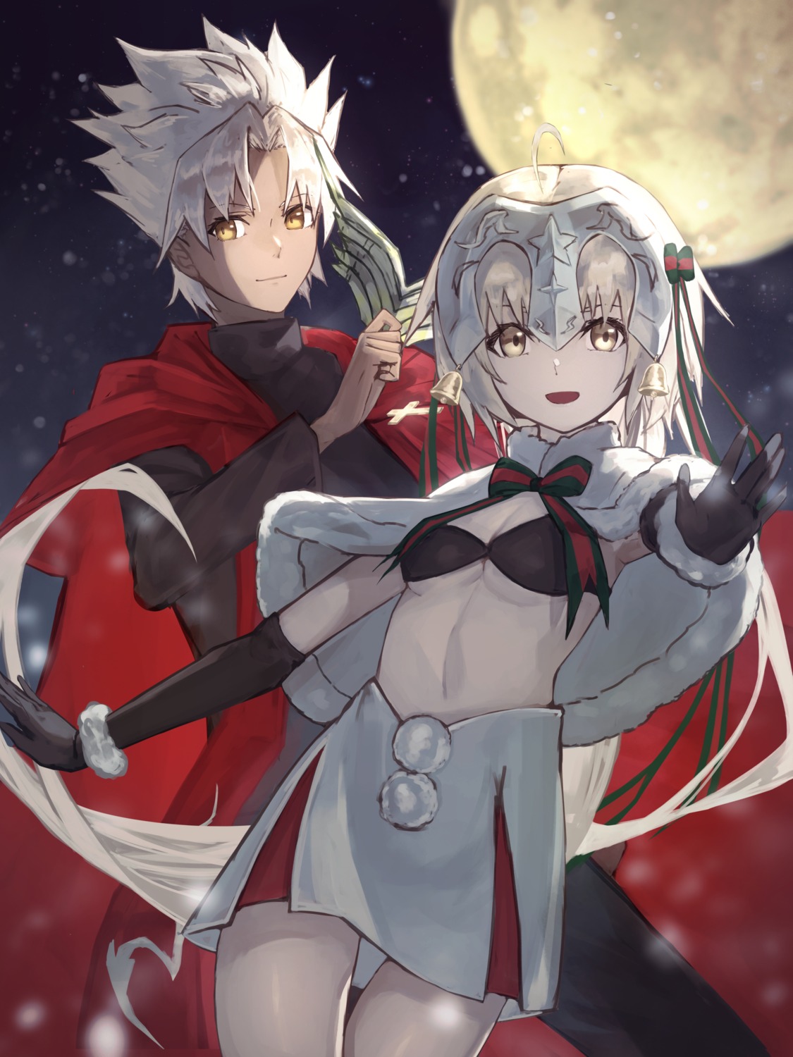 aito bra christmas cleavage fate/grand_order jeanne_d'arc_alter_santa_lily shirou_kotomine_(fate/apocrypha) underboob