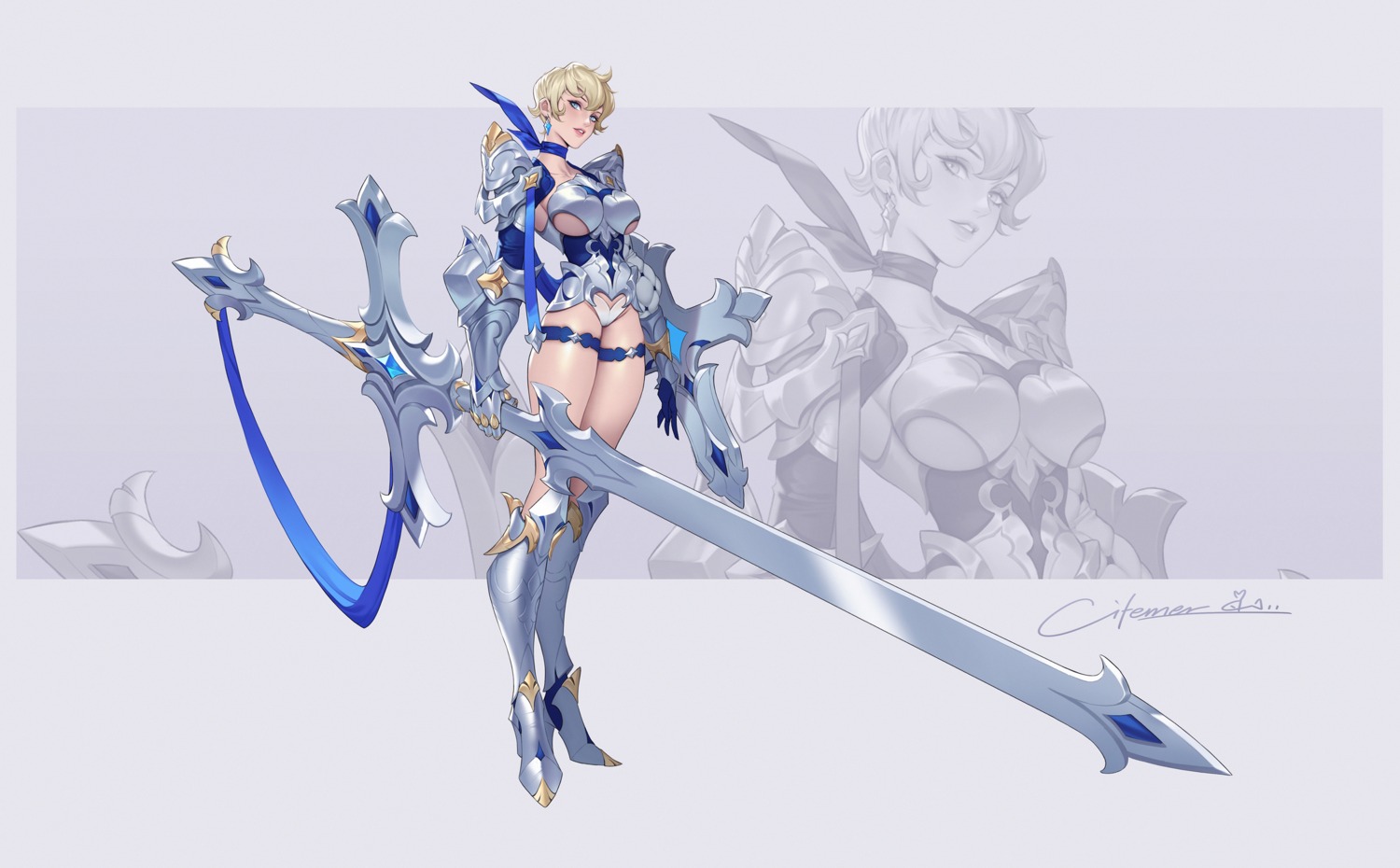 armor bikini_armor citemer garter heels leotard no_bra sword underboob