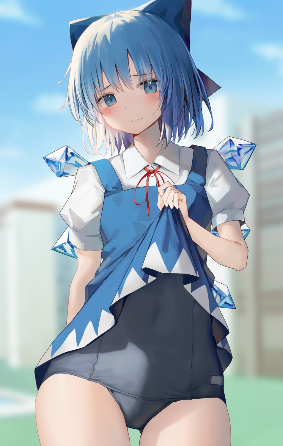 cirno dress mamemochi school_swimsuit skirt_lift swimsuits touhou wings