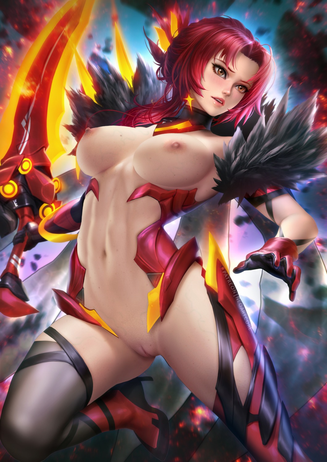 benghuai_xueyuan bottomless breasts heels honkai_impact murata_himeko nipples no_bra nudtawut_thongmai pussy sword thighhighs uncensored