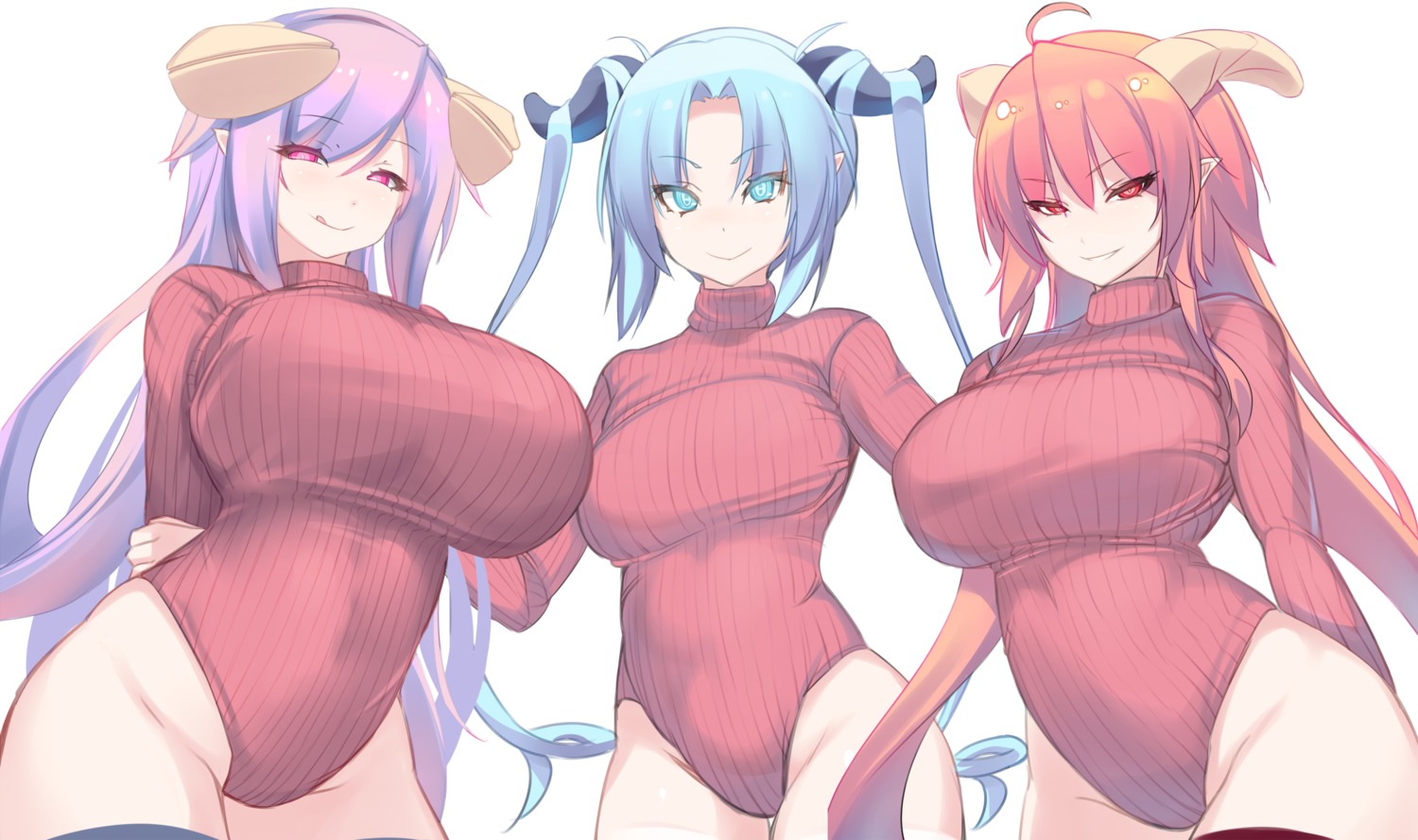 horns leotard monster_girl_quest pointy_ears shiki_(psychedelic_g2) sweater thighhighs