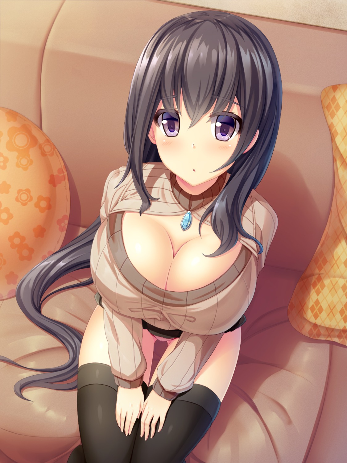 cleavage liya open_shirt pantsu sweater thighhighs