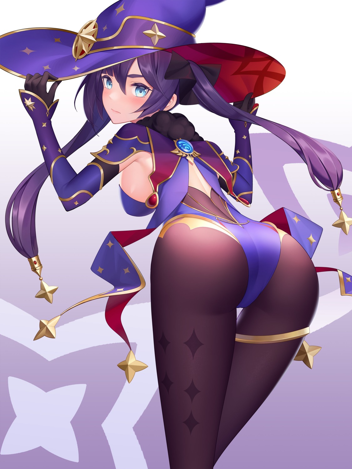 ass garter genshin_impact leotard mona_megistus negi3 no_bra pantyhose witch