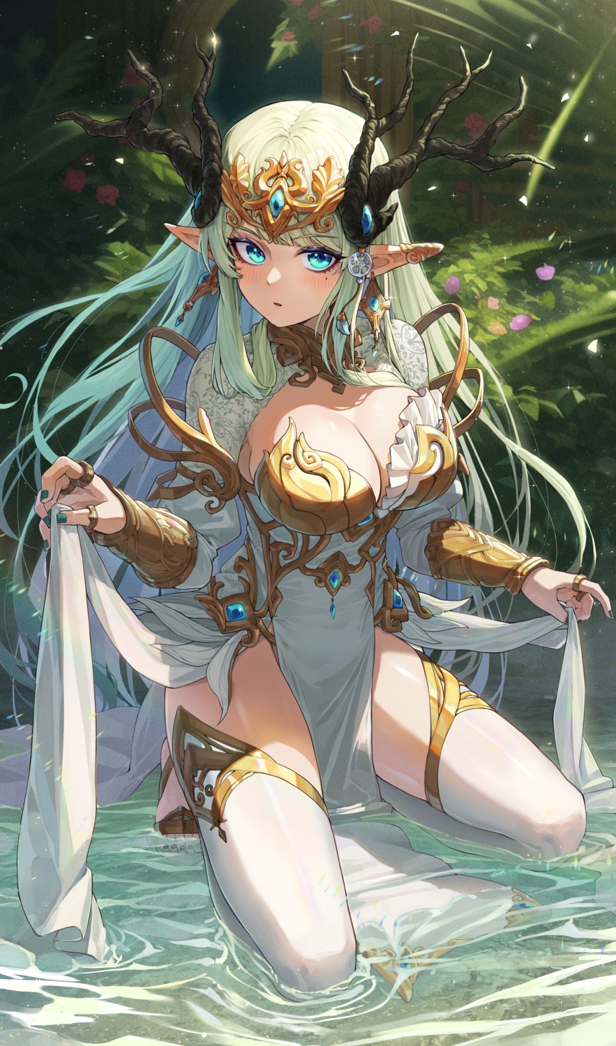 dress elf horns kokukyukeo no_bra pointy_ears thighhighs wet