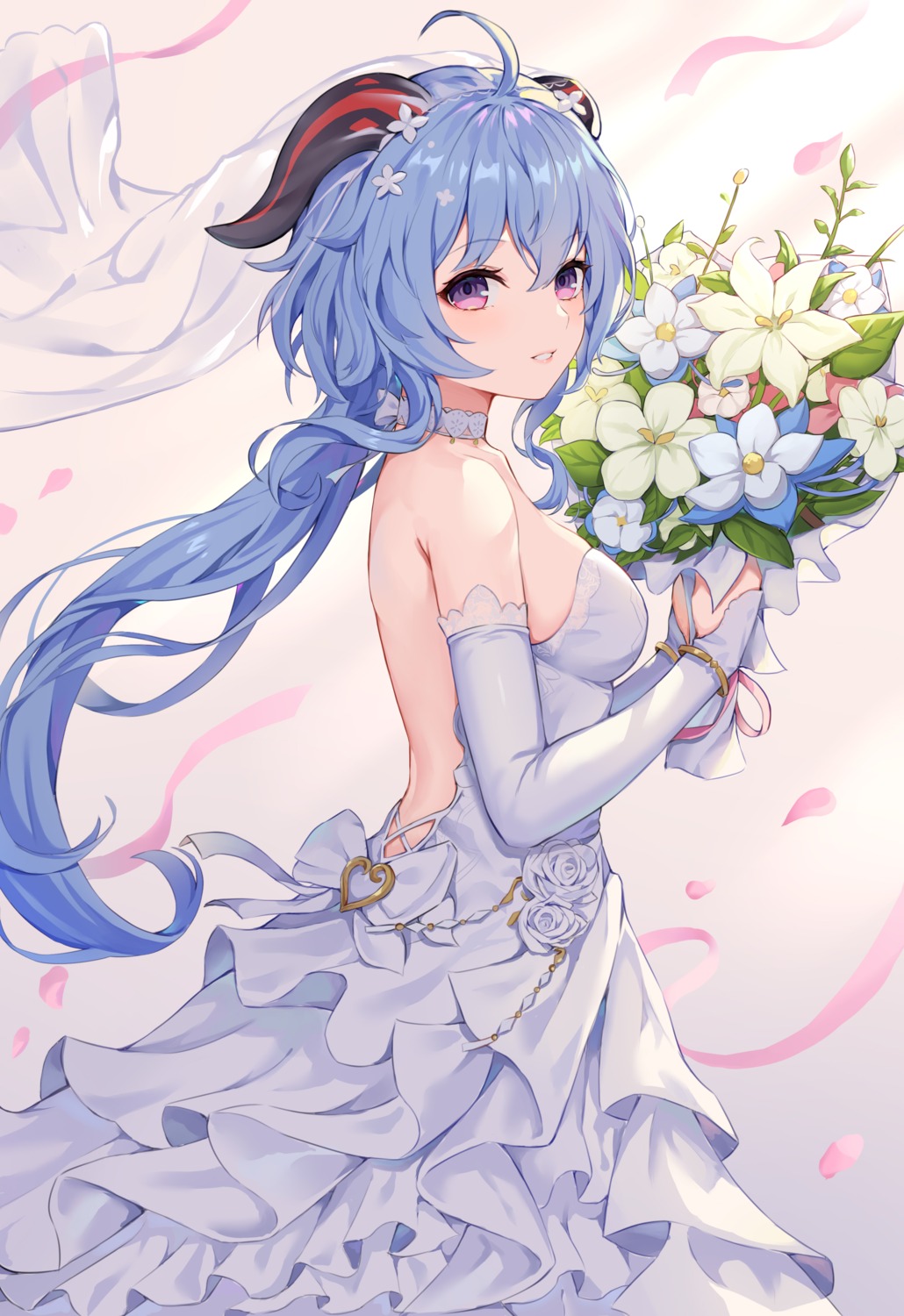 dress ganyu genshin_impact horns kizuna no_bra wedding_dress