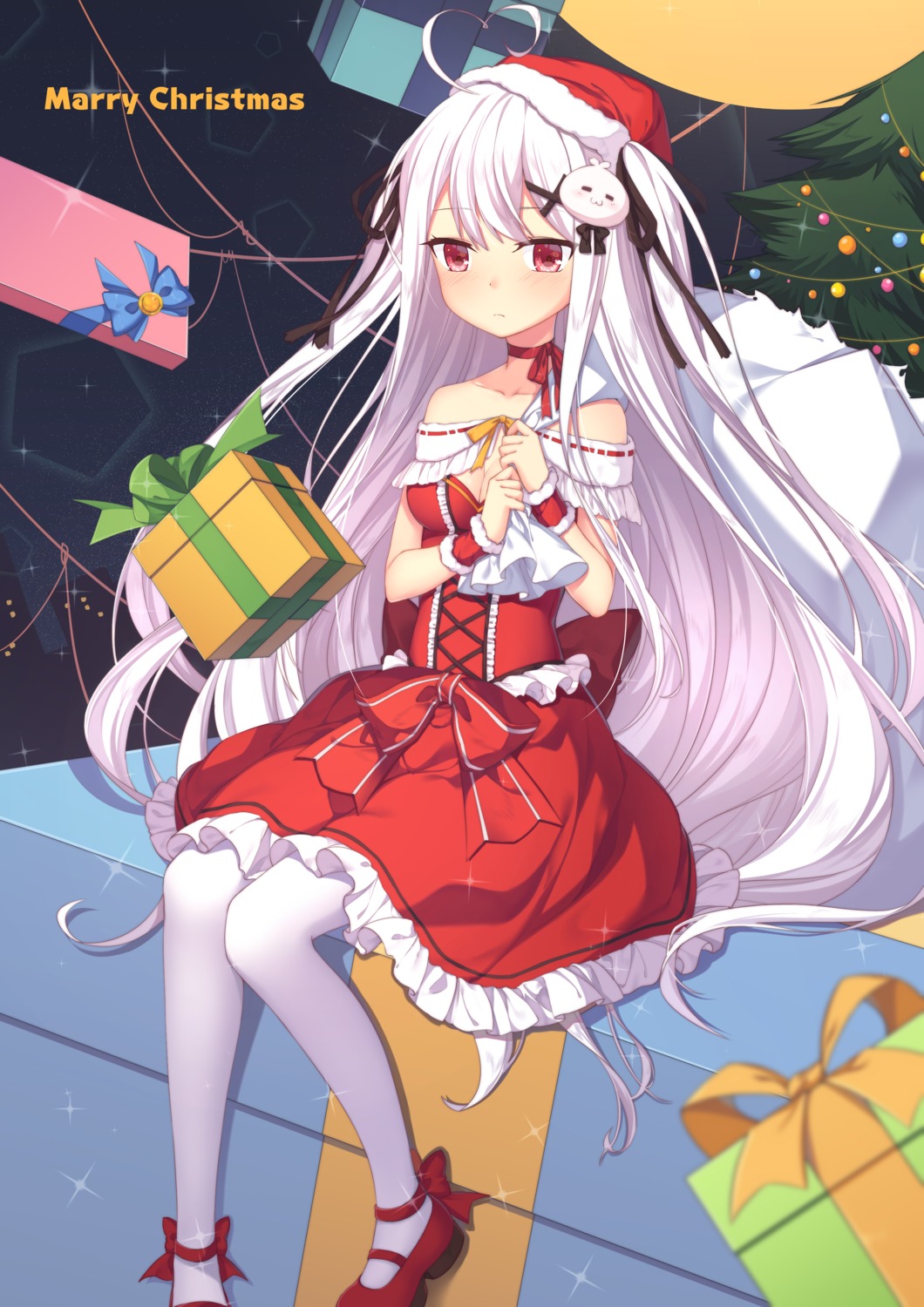 christmas cleavage dress niliu_chahui pantyhose tokisaki_mio