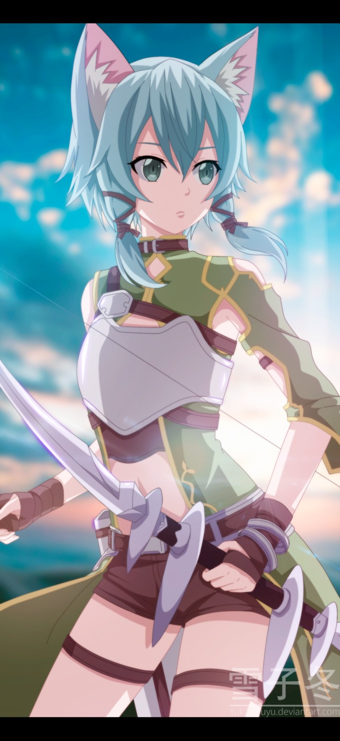 alfheim_online animal_ears armor dress garter sinon sword_art_online sword_art_online_fatal_bullet tagme weapon