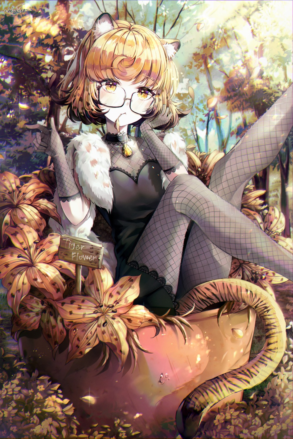 animal_ears dress fishnets megane mirage_(rairudiseu) pantyhose skirt_lift tail