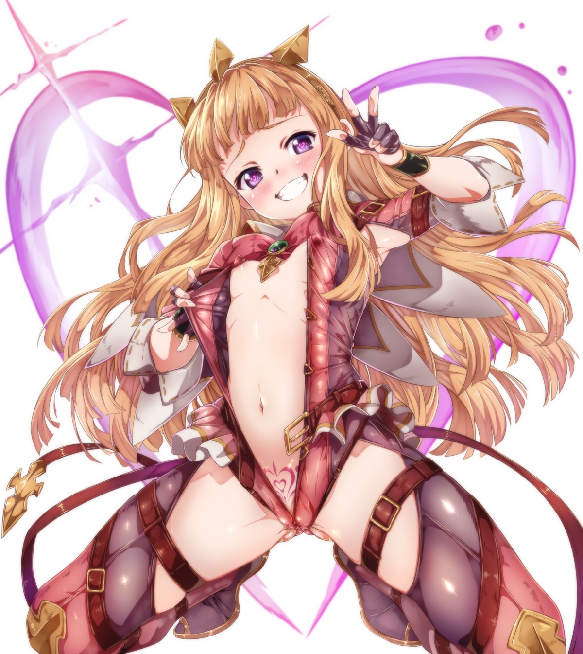 areola cagliostro_(granblue_fantasy) erect_nipples garter granblue_fantasy loli niko_(tama) no_bra nopan open_shirt pussy tattoo thighhighs undressing