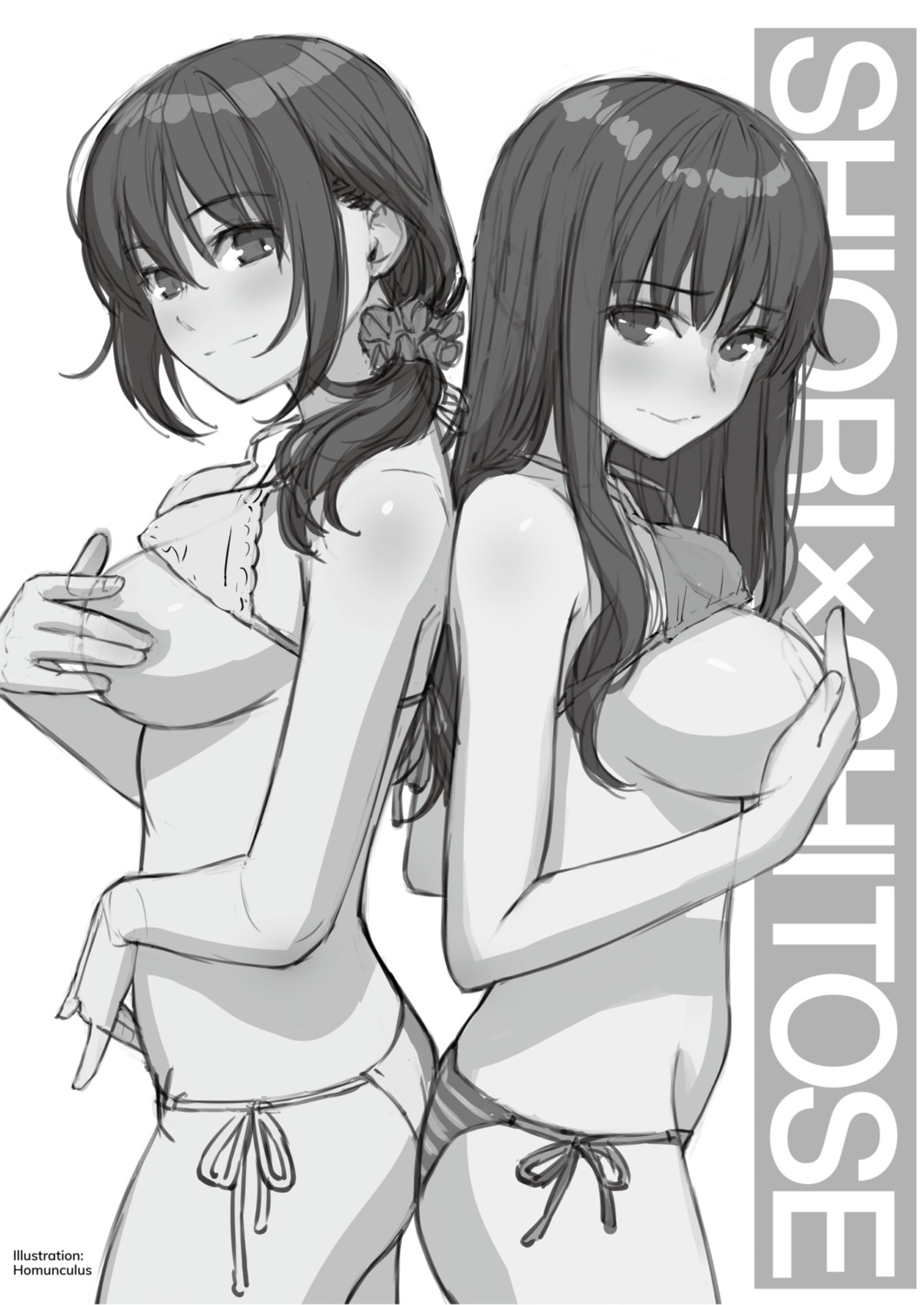 bikini breast_hold breasts comic_kairakuten homunculus monochrome sketch swimsuits