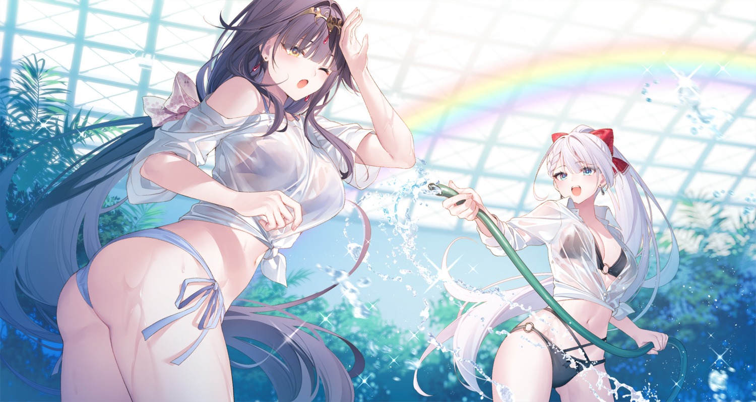 ass bikini open_shirt riselia_ray_crystalia roselia_ishtaris see_through seiken_gakuin_no_maken_tsukai swimsuits thong toosaka_asagi wet wet_clothes