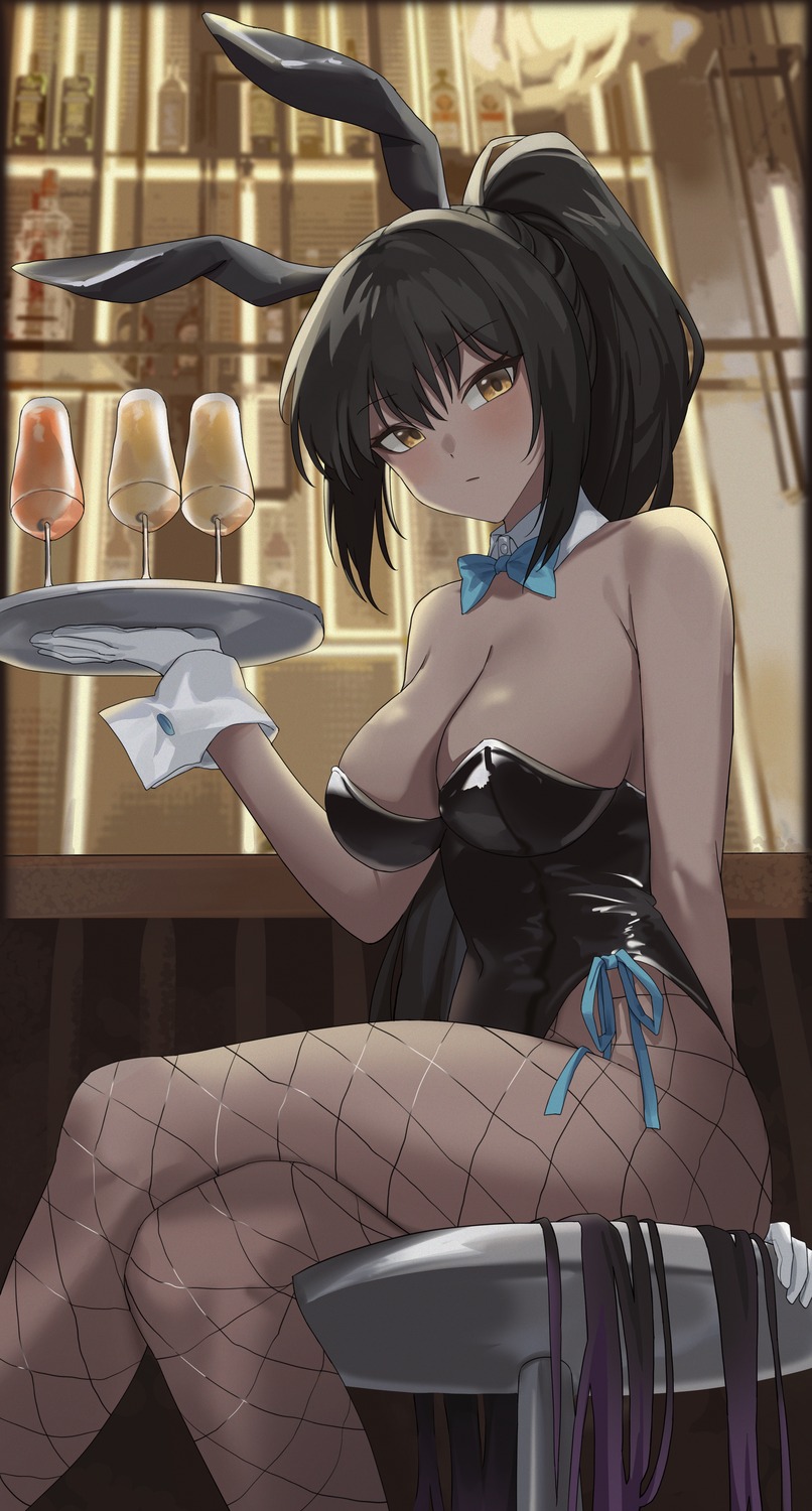 animal_ears blue_archive bunny_ears bunny_girl fishnets kakudate_karin no_bra pantyhose waitress xu_wen_(bbb2822828)