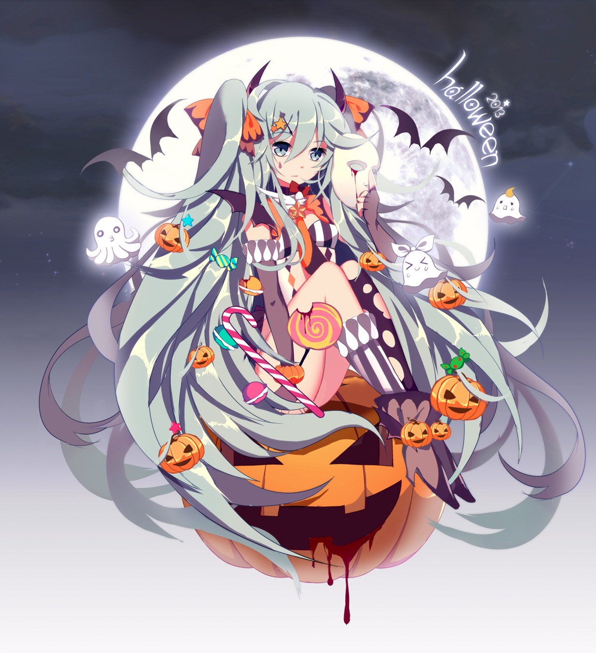 blood halloween hatsune_miku heels horns thighhighs torn_clothes vocaloid xianguang