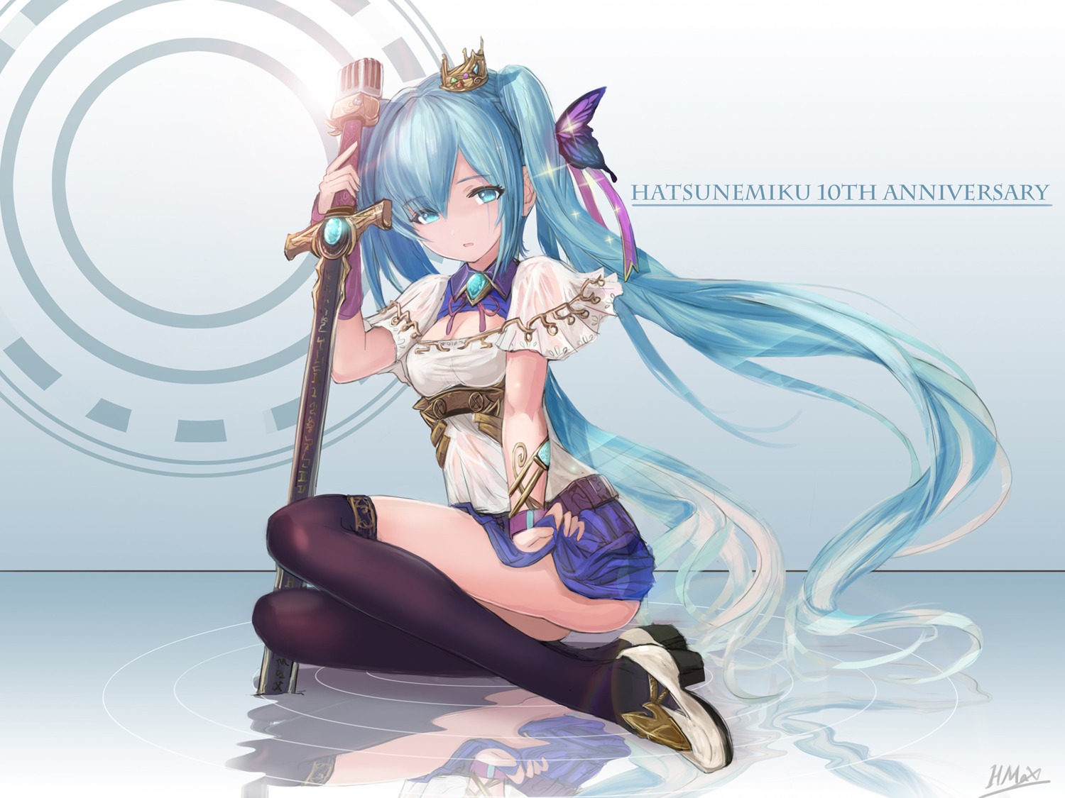 cleavage hatsune_miku heels hmax skirt_lift sword thighhighs vocaloid