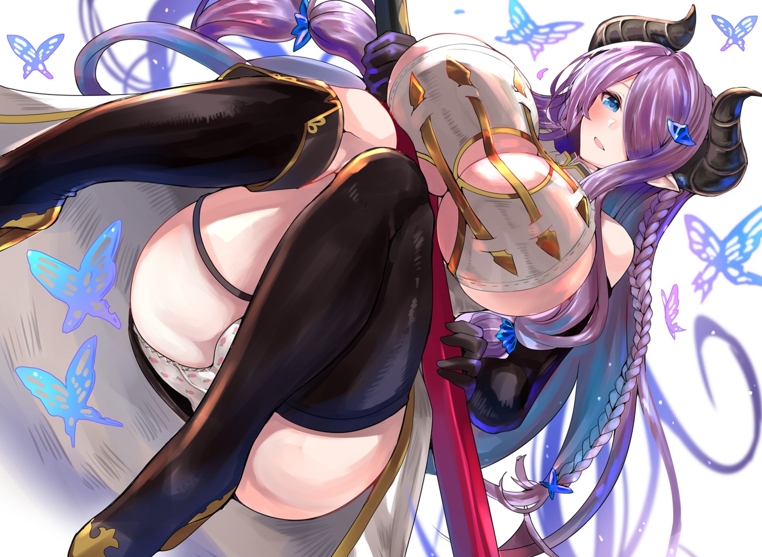 ass garter granblue_fantasy horns narumeia_(granblue_fantasy) no_bra pantsu pointy_ears rihito_akane skirt_lift sword thighhighs