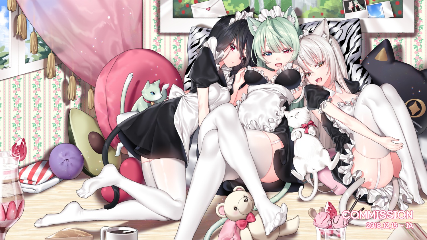 animal_ears cleavage heterochromia ia_(ias1010) maid neko nekomimi stockings tail thighhighs wallpaper