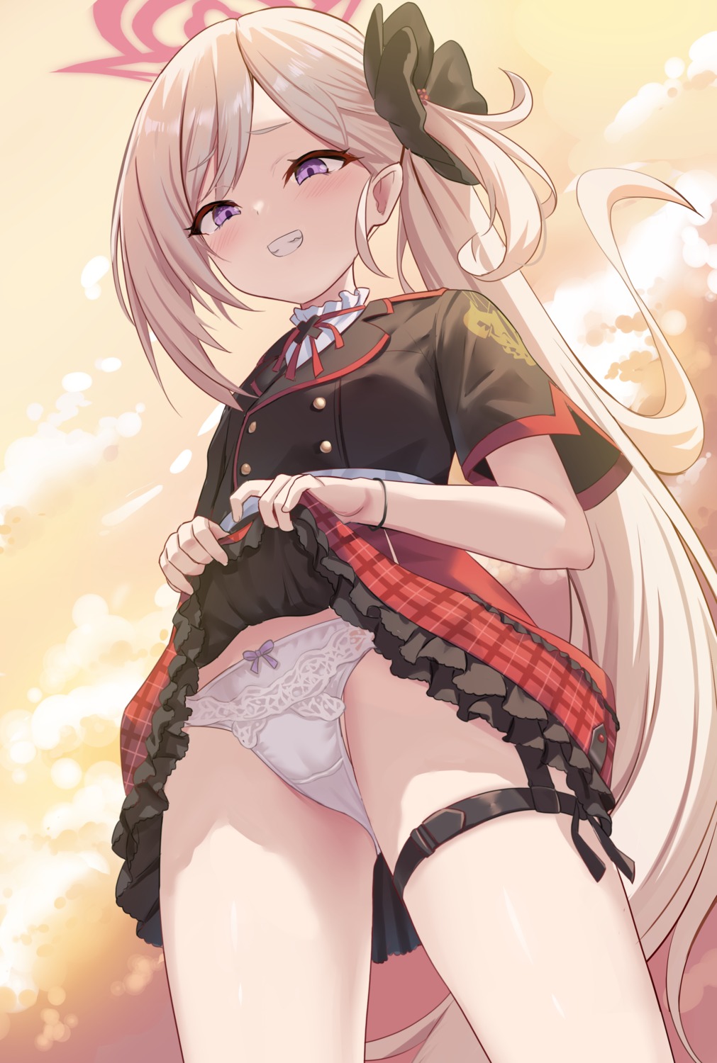 asagi_mutsuki blue_archive cameltoe garter halo loli milkshake_(artist) pantsu pointy_ears skirt_lift uniform