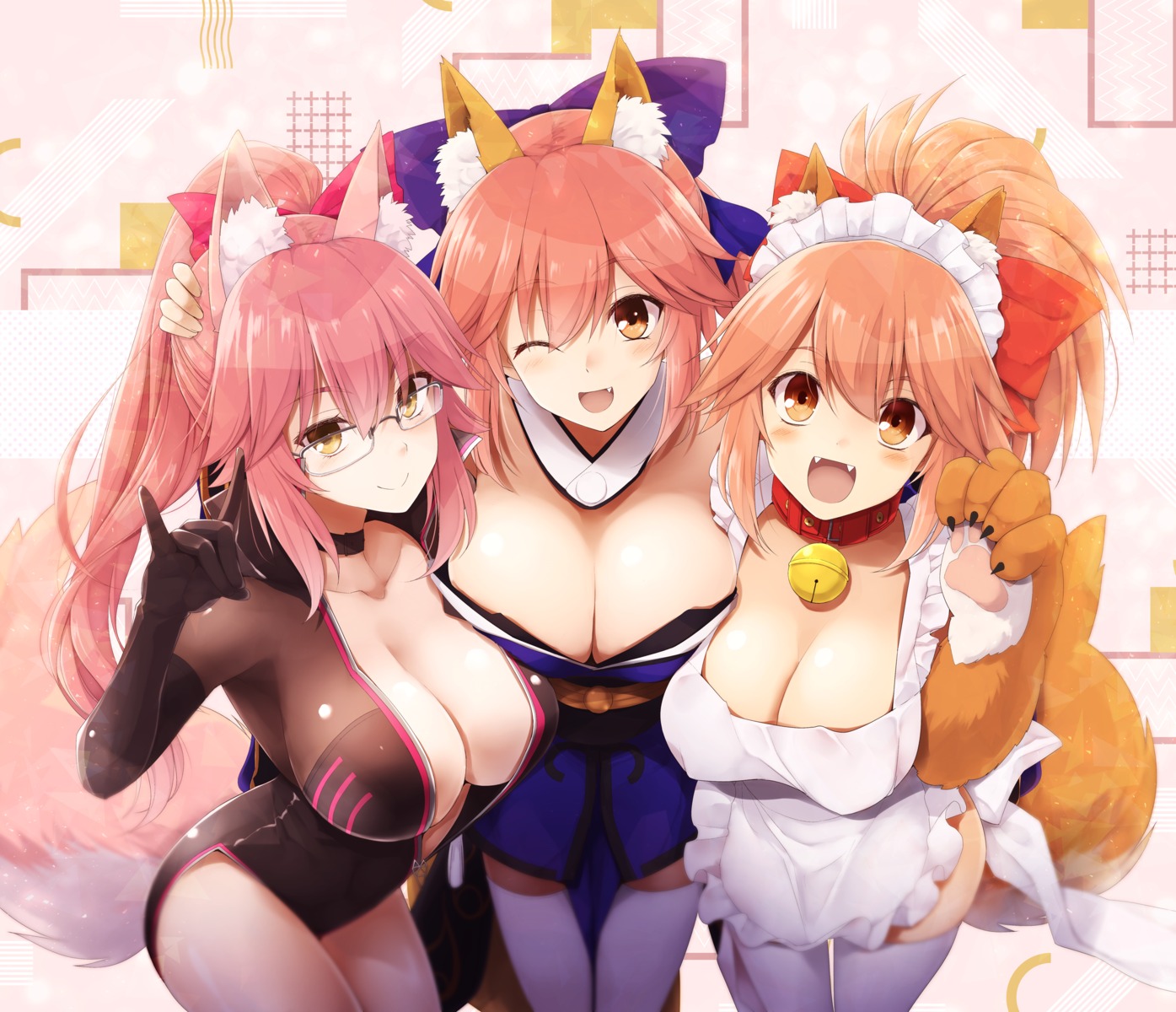 animal_ears bodysuit fate/grand_order japanese_clothes kitsune kurikara megane naked_apron no_bra open_shirt tail tamamo_cat tamamo_no_mae tamamo_vitch_koyanskaya thighhighs