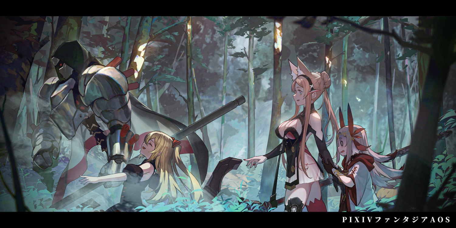 animal_ears armor kitsune mek no_bra tail thighhighs weapon