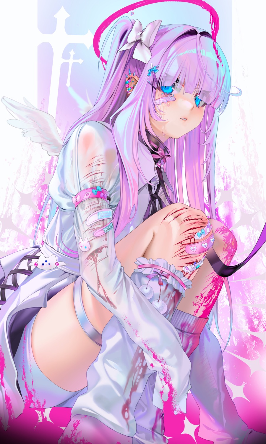 angel bandaid blood garter luna_(unxi) see_through seifuku unxi wings