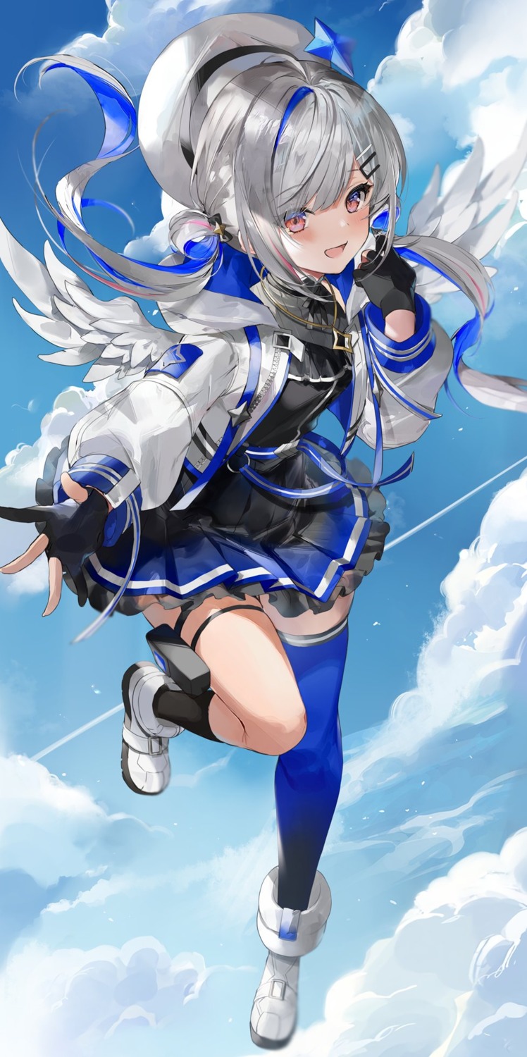 amane_kanata garter hinahino hololive seifuku skirt_lift thighhighs wings