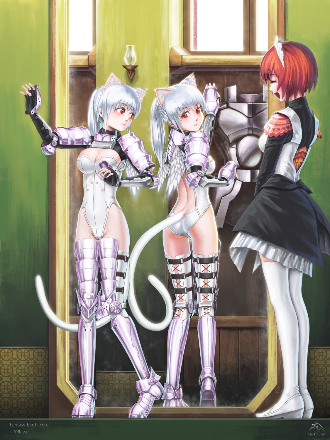 animal_ears armor darkmuleth leotard maid nekomimi tail thighhighs wings