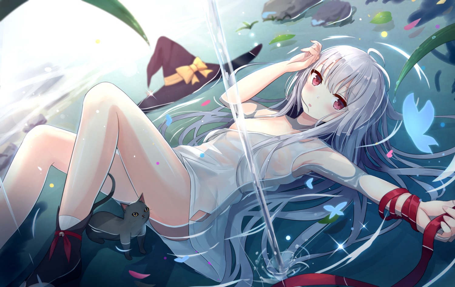 breasts neko no_bra nopan see_through skirt_lift touhourh wet wet_clothes