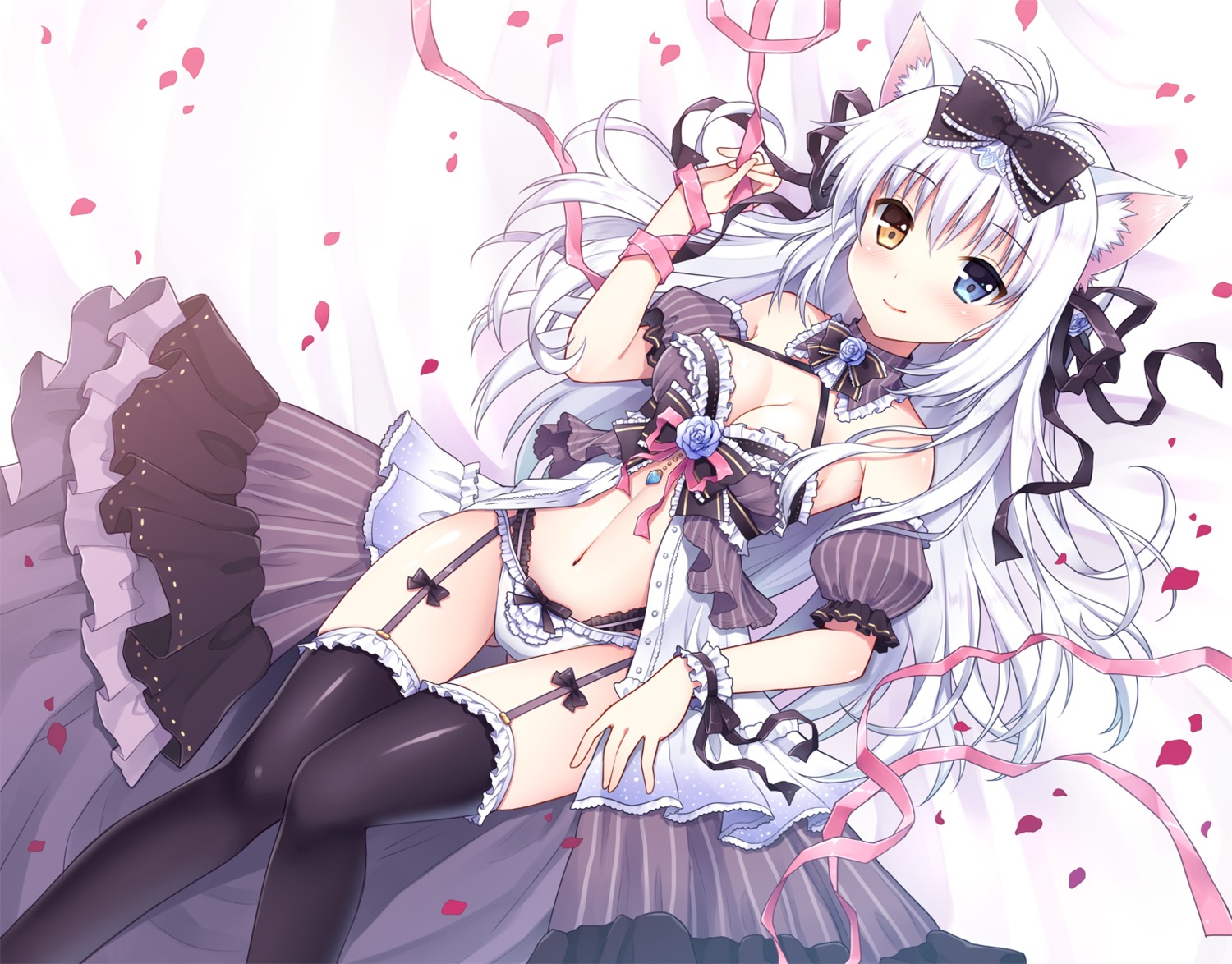 aina_rive animal_ears cleavage heterochromia mauve nekomimi pantsu stockings thighhighs