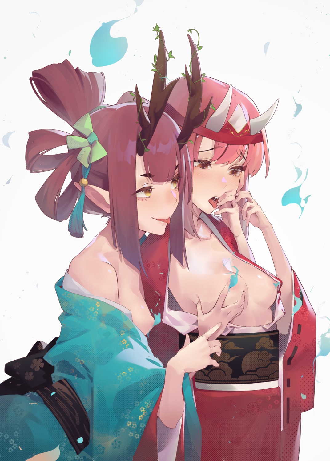 areola breast_grab breasts censored horns kimono no_bra open_shirt pointy_ears yuri zanyak