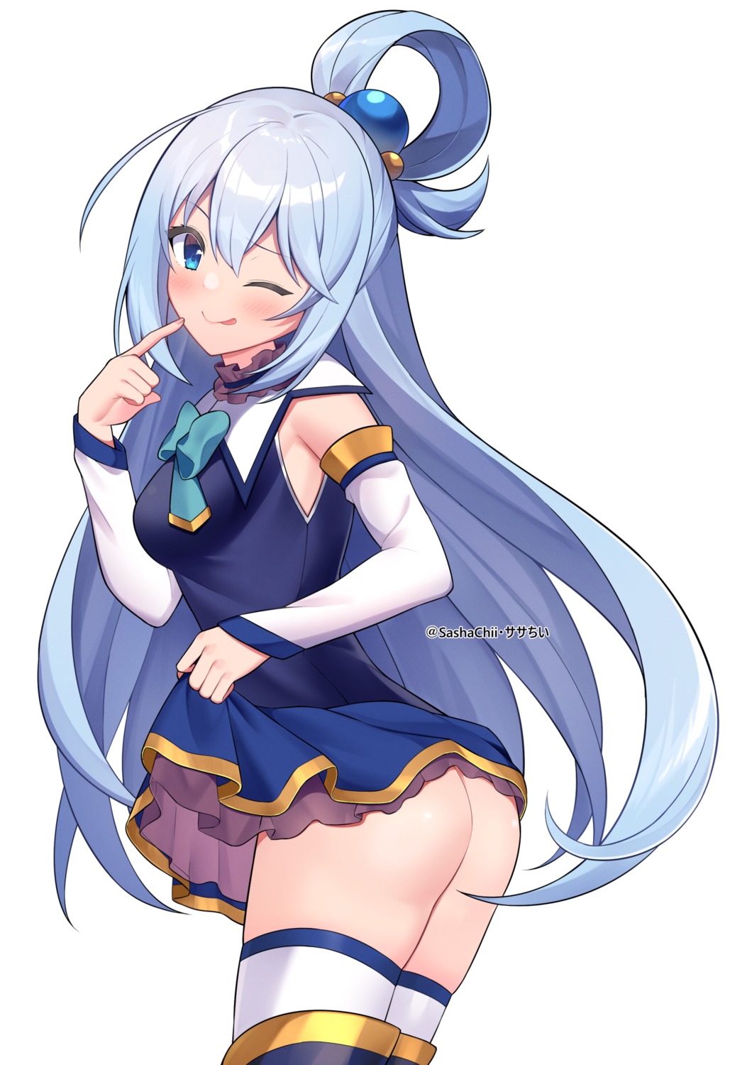 aqua_(konosuba) ass kono_subarashii_sekai_ni_shukufuku_wo! nopan sasha_chii see_through skirt_lift thighhighs