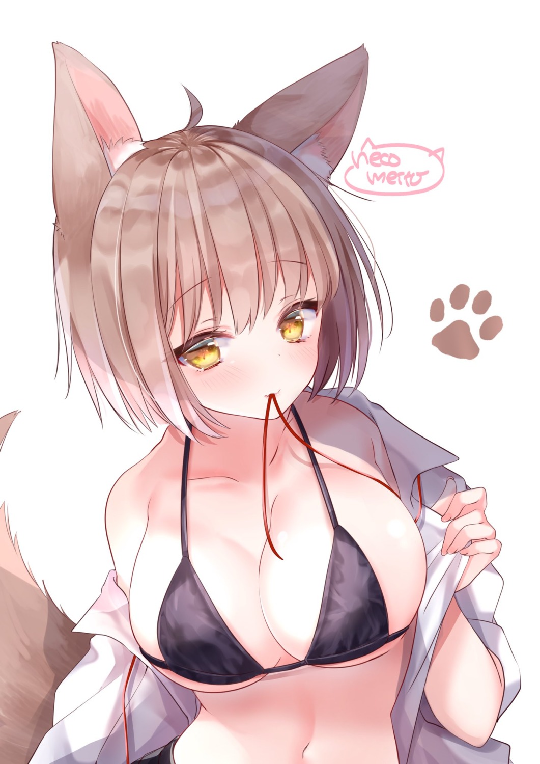 animal_ears bikini_top erect_nipples neco_meito open_shirt seifuku swimsuits tail undressing