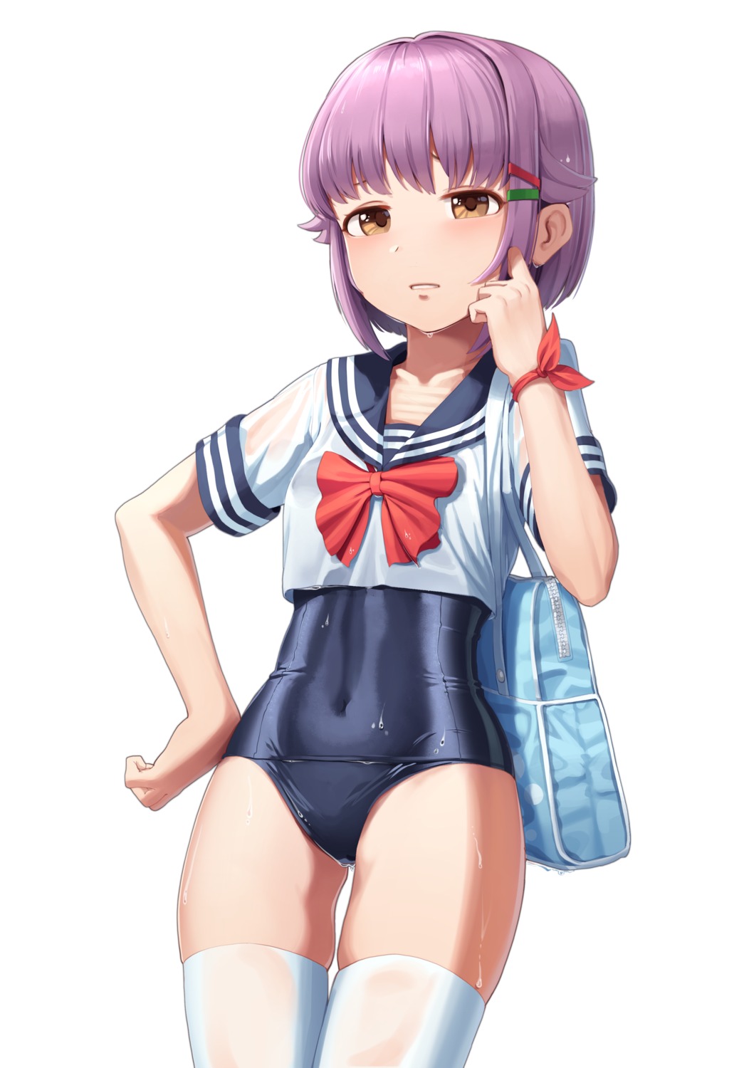goback koshimizu_sachiko school_swimsuit see_through seifuku swimsuits the_idolm@ster the_idolm@ster_cinderella_girls thighhighs wet wet_clothes