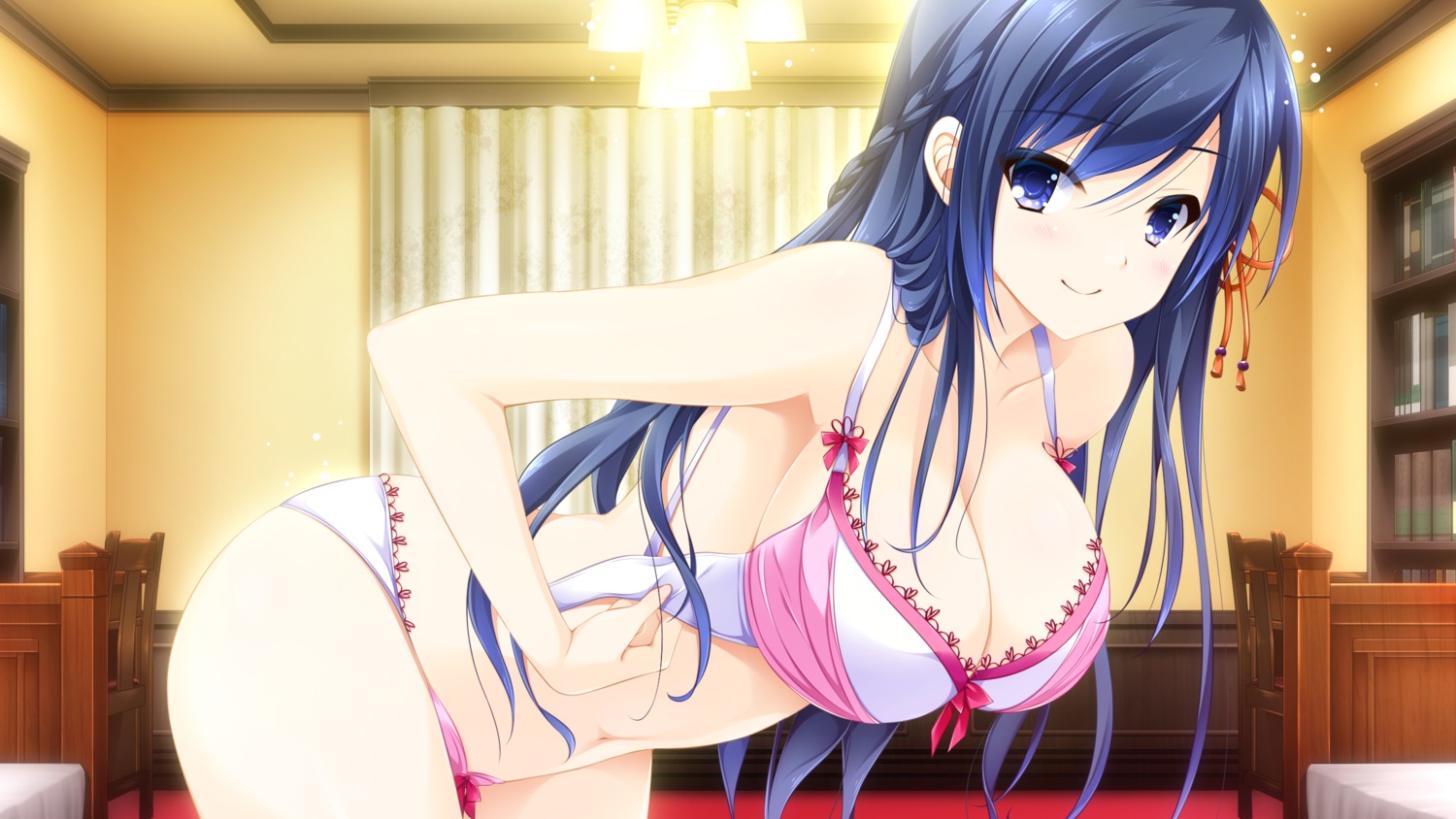 bra cleavage ensemble_(company) game_cg makise_satsuki otome_ga_irodoru_koi_no_essence pantsu undressing zinno