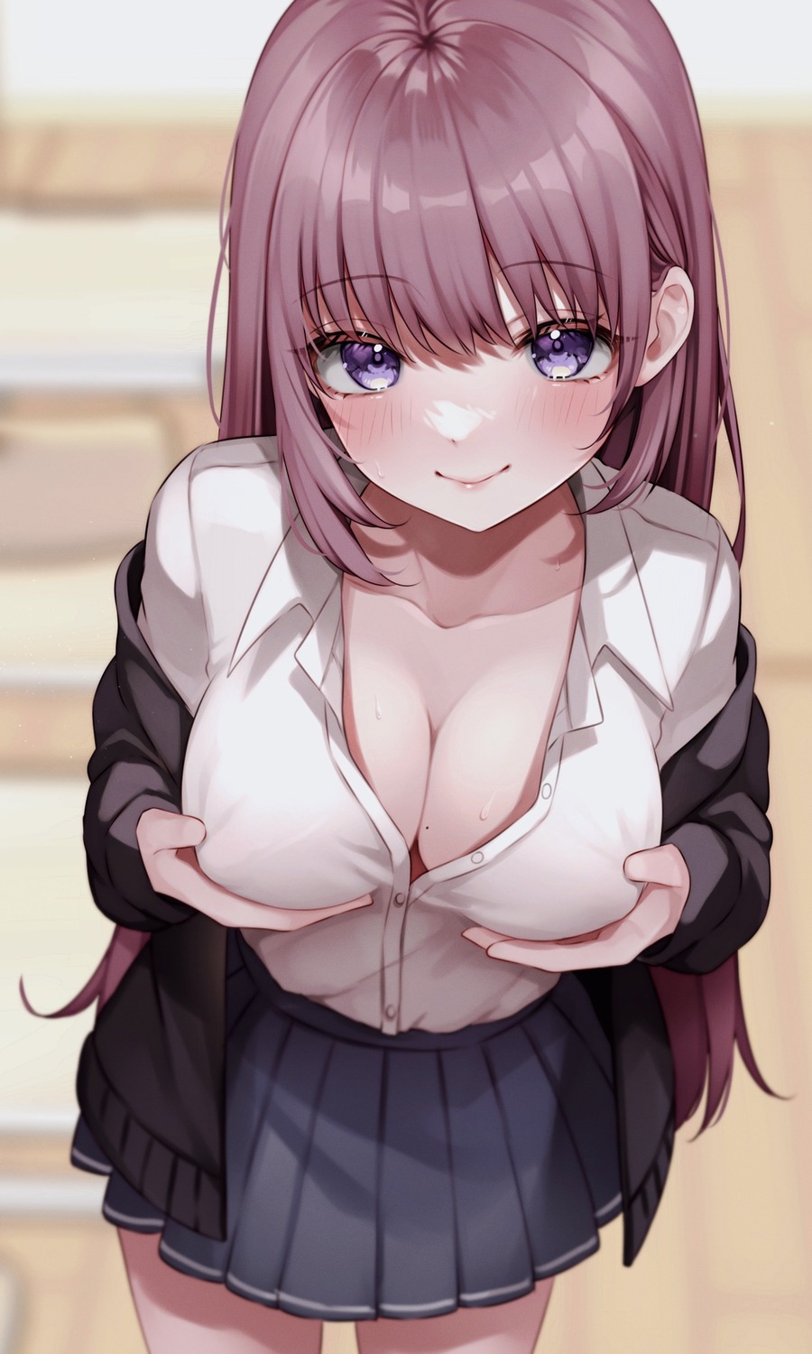 breast_hold no_bra open_shirt seifuku sweater wakatsuki_you