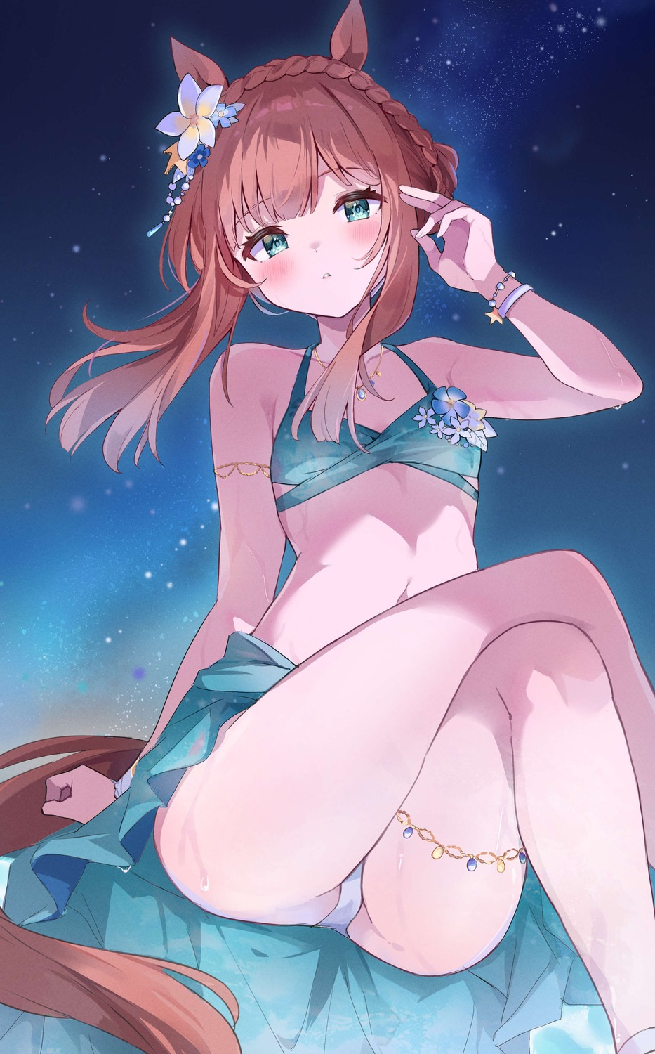 animal_ears bikini garter mola_mola silence_suzuka_(umamusume) skirt_lift swimsuits tail thong uma_musume_pretty_derby wet